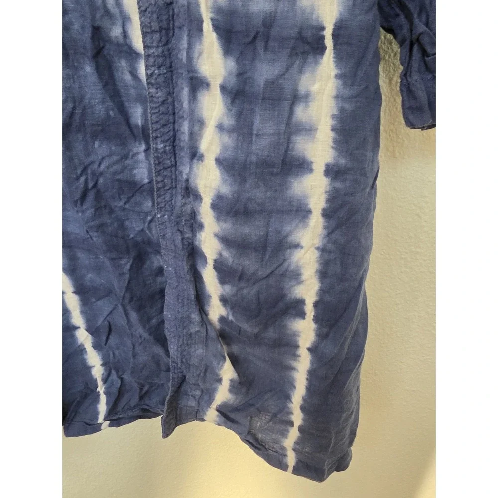 Chico's Open Cardigan Size 1P Boho Tie Dye Blue White Linen 3/4 Sleeve Sweater